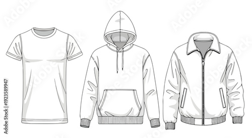 Technical drawing of a t-shirt, hoodie, and zip-up jacket against a white background.
