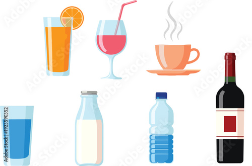 Colorful Beverage Vector Collection Featuring Orange Juice, Wine, Coffee, Tea, Milk, Water, and Drink Containers for Menu, Nutrition, and Cafe
