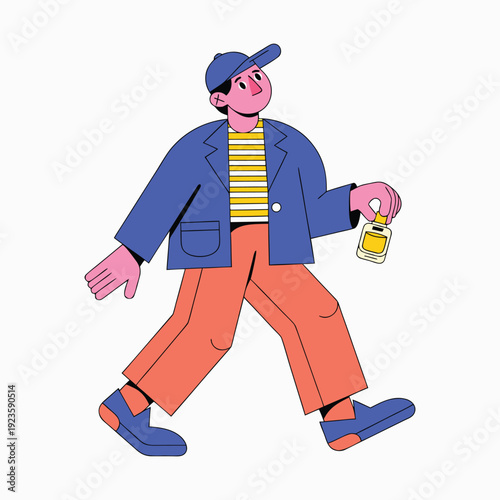 Stylish young man walking with perfume bottle flat vector fashion illustration