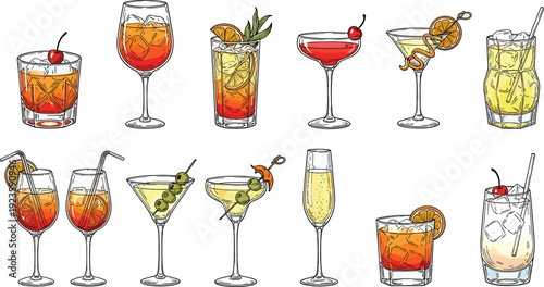 Colorful Cocktail Vector Collection Featuring Martini, Mojito, Margarita, Daiquiri, Cosmopolitan, and Mixed Drink Glasses with Fruit Garnishes and Decorative