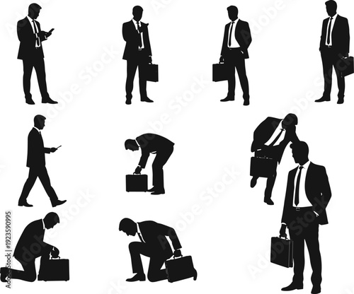 Silhouettes of businessman in various poses with briefcase and phone, flat vector, isolated, cad drawing