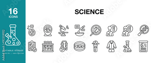 Science icon set. Includes science, laboratory, research, experiment, chemistry and More. Editable Stroke Icon Collection.