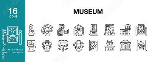 Museum icon set. Includes museum, gallery, exhibition, art, culture, history and More. Editable Stroke Icon Collection.