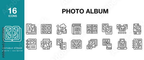 Photo Album icon set. Includes photo, album, scrapbook, memories, pictures, photography and More. Editable Stroke Icon Collection.