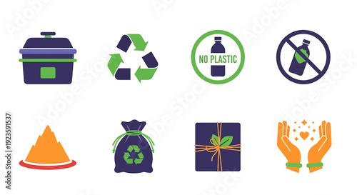 Eco-friendly and recycling flat icon collection. Includes compost bin, recycle symbol, no plastic bottle, plastic bottle ban, reusable bag, gift box
