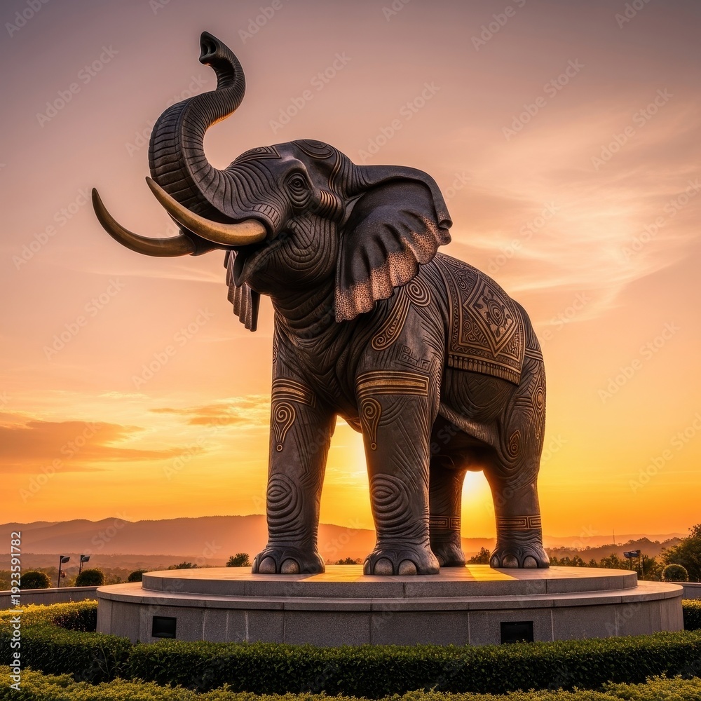 Fototapeta premium Majestic Elephant Statue at Sunset - A Symbol of Strength and Wisdom.