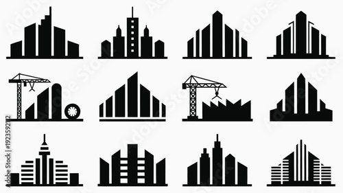 Collection of black urban cityscape and construction silhouettes on white background for design and architecture projects