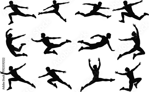 Silhouettes of athletic man jumping and dancing, dynamic poses, active movement, fitness action, male figure, high energy, exercise, black isolated shapes, jumping collection