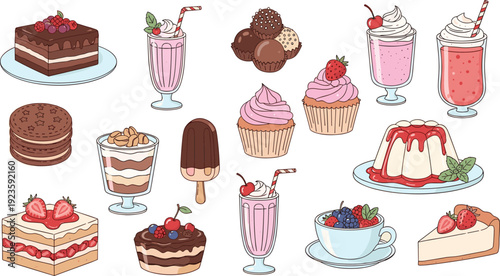 Colorful Dessert and Sweet Treat Vector Collection Featuring Cakes, Cupcakes, Milkshakes, Parfaits, Pies, Cookies, and Confectionery Food Illustrations