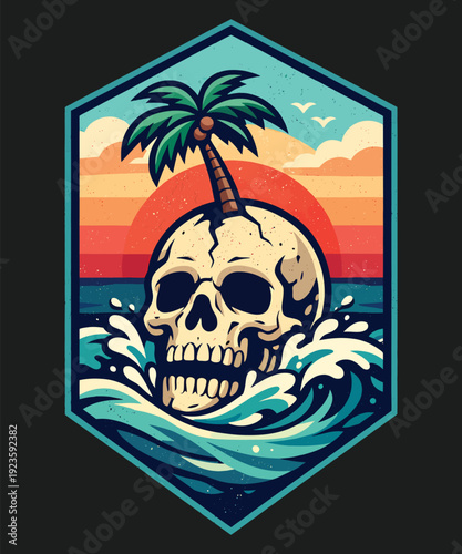 Skull emerging from ocean waves with palm tree and sunset