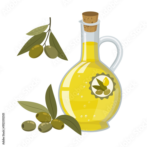 Olive oil glass bottle with olive tree branches and green olives, organic extra virgin product, Mediterranean food ingredient, isolated on transparent background