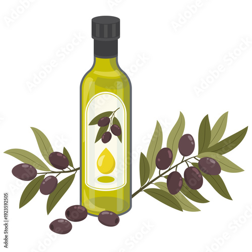 Olive oil bottle composition with olive leaves and olives, natural organic продукт, kitchen ingredient concept, isolated on transparent background