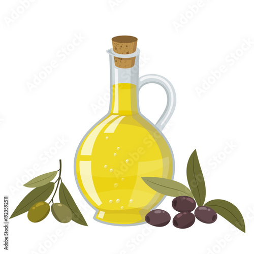 Extra virgin olive oil in glass bottle with olive sprig and olives, gourmet Mediterranean ingredient, isolated on transparent background