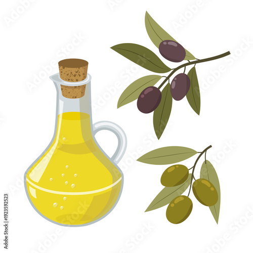 Glass bottle of olive oil with olive twig and ripe olives, Mediterranean cuisine element, healthy diet concept, isolated on transparent background