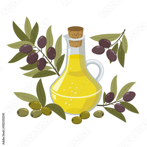 Olive oil container with olive tree branch and olives, healthy fat ingredient for salad and cooking, isolated on transparent background