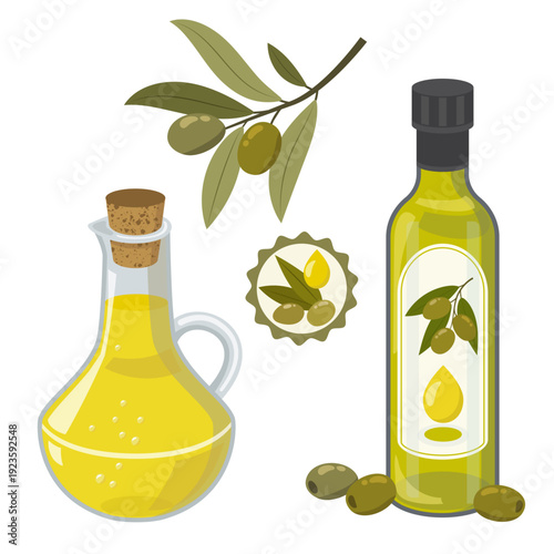Olive oil bottle with olive branch and olives, premium extra virgin oil, culinary ingredient for cooking, isolated on transparent background
