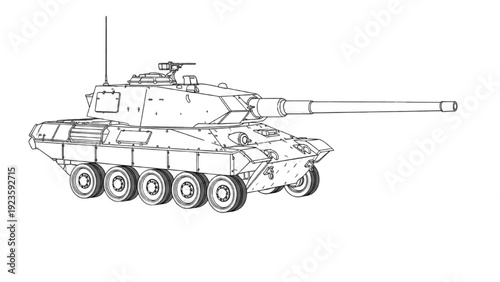 Detailed vehicle autocad blueprint of a tank's technical drawing from a side view showcasing its mechanical components and design