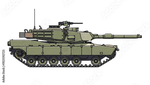 Detailed vehicle autocad blueprint of a military tank on white background viewed from the side