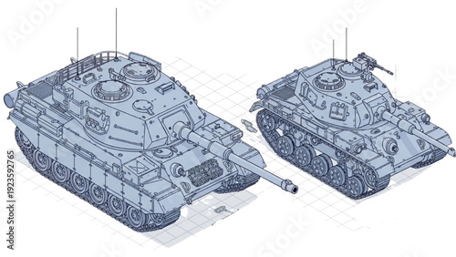 Detailed vehicle autocad blueprint of two military tanks displayed side by side in a technical isometric view