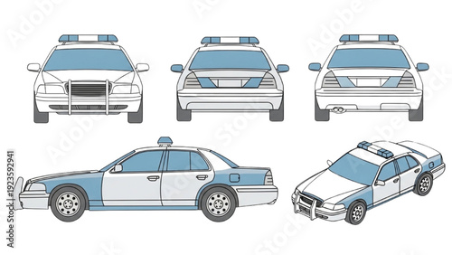 Police vehicle autocad blueprint multiple views illustration of patrol car designs
