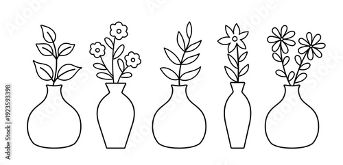Simple Flower Arrangements in Vases Coloring Page Set.
Floral Vase Outline Set Line Art Collection. svg.