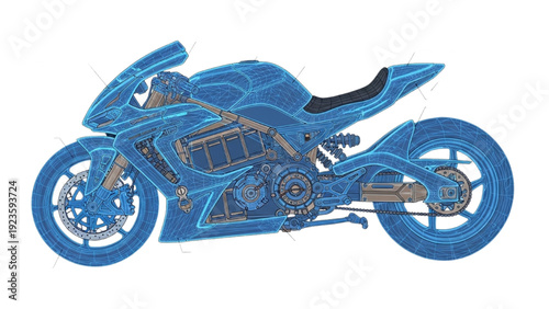 Detailed vehicle autocad blueprint of a sports motorcycle in a technical drawing style