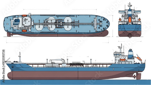 Detailed vehicle autocad blueprint of a large cargo ship in top and side views