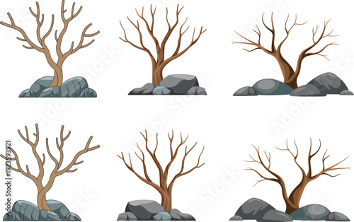 Set of stylized leafless trees with rocks, natural forest elements collection, hand drawn vector illustration isolated on light background
