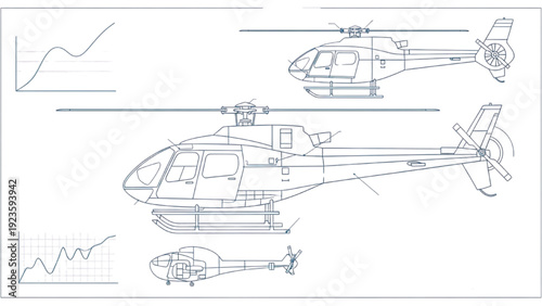 Detailed vehicle autocad blueprint of a helicopter viewed from multiple angles and perspectives in a technical illustration