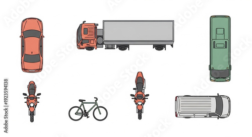 Various vehicles and transportation modes from a top-down perspective, isolated.