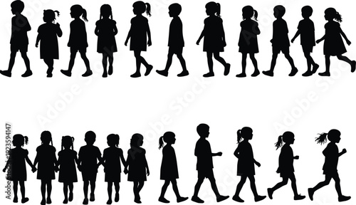 Silhouettes of children walking and holding hands, group of boys and girls together, childhood friendship, playful kids outdoors, happy young children walking