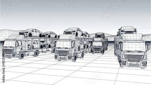 Collection of Trucks and Vehicles in Various Positions on a Grid Floor with Autocad Blueprint Details