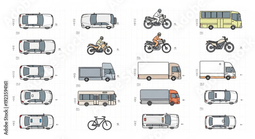 Various vehicles and transportation modes illustrated in a detailed and comprehensive manner.