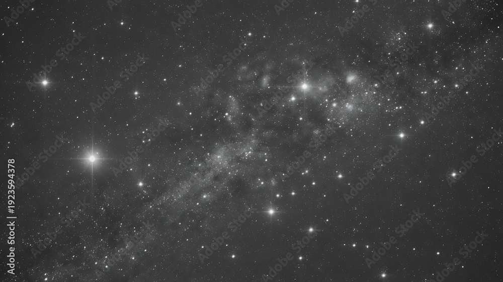 Fototapeta premium Expansive View of the Milky Way Galaxy, Black and White Night Sky Featuring Densely Packed Stars and Nebulous Cosmic Dust.