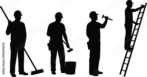 Silhouettes of construction workers using tools, climbing ladders, cleaning floors, performing maintenance tasks, industrial labor, safety gear, teamwork, isolated on white background.