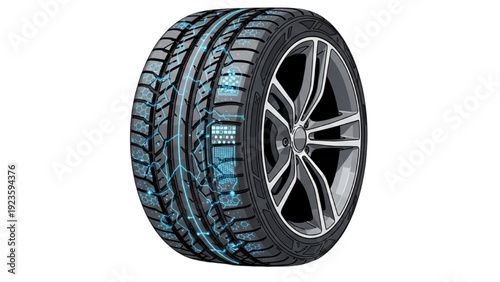 Detailed vehicle autocad blueprint of a car tire with silver rim on a plain background