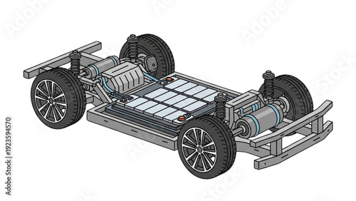 Detailed vehicle autocad blueprint technical drawing of electric car chassis and suspension system from isometric viewpoint