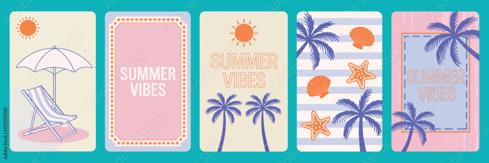 Fototapeta premium Summer Poster in Art Sketch Doodle Style with Hand Drawn Beach Chair and Umbrella, Palm Tree, Seashells and Trendy Typography Design for Branding, Advertising, Print, Wall Decor and Seasonal Promotion