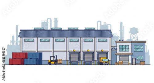 Warehouse building with loading docks and industrial equipment, logistics concept.