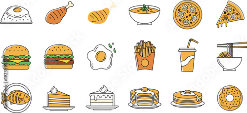 Fast Food and Meal Illustration Set with Burger, Pizza, Fries, Noodles, Pancakes, and Drinks for Restaurant Menu and Cafe