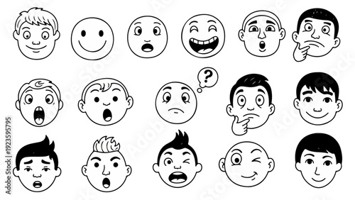 Facial Expression Vector Set – Hand Drawn Cartoon Faces with Happy, Sad, Angry, and Surprised Emotions