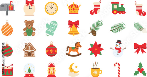 Festive Christmas Icon Vector Collection Featuring Santa Sack, Stockings, Snowman, Gingerbread House, Ornaments, Candy Cane, Bells, and Holiday Celebration