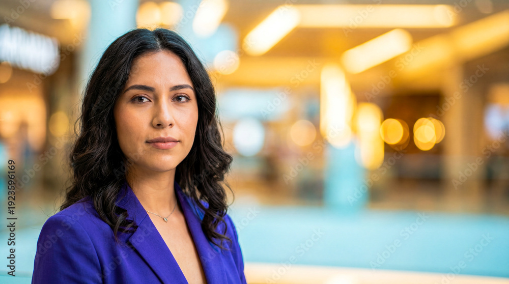 Fototapeta premium Portrait of young businesswoman in purple blazer at modern lobby. Confident professional with thoughtful expression for career growth, entrepreneurship and leadership