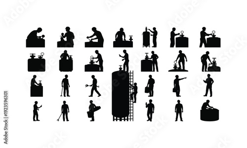 Water treatment operator checking tank various posses silhouette on white background