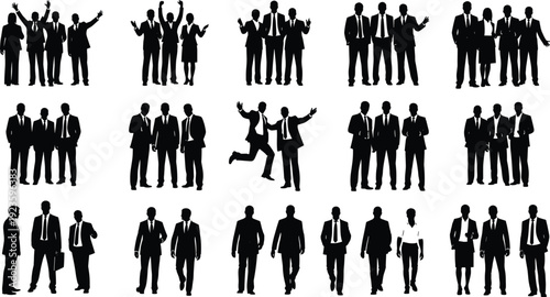 Silhouettes of diverse business people group standing, walking, celebrating, discussing, jumping, wearing suits, professional teamwork, corporate, office lifestyle