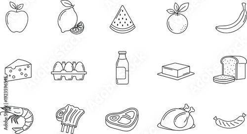 Food Line Icon Set with Fruits, Dairy, Meat, and Protein Products for Grocery, Nutrition, and Healthy Eating