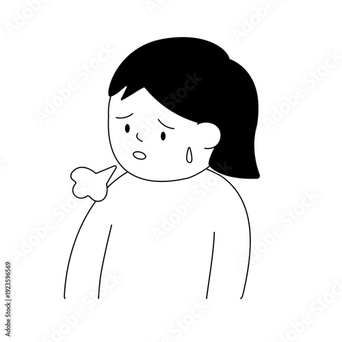 モノクロの人物イラスト | 悩み事があり溜息をついて落ち込む女性 | メンタルケアや疲労のアイコン