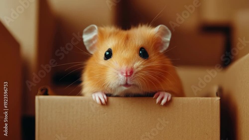 Adorable hamster in a cardboard box