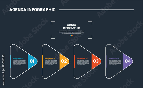 Agenda or schedule infographic process diagram with round triangle with edge badge on horizontal direction with dark background bright outline style 4 points