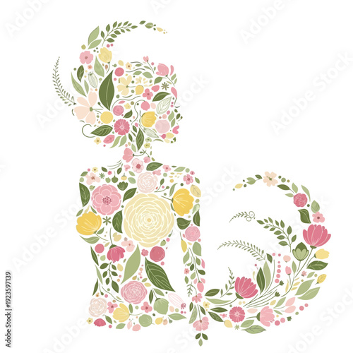 Cute flat vector illustration of a woman made of floral elements and leaves, feminine and natural beauty